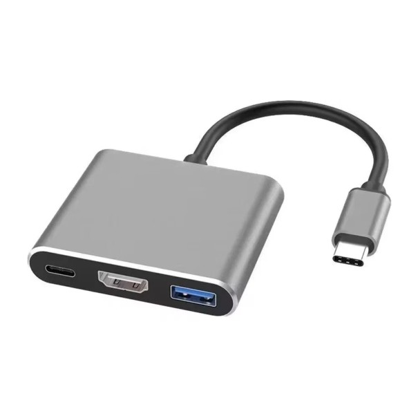 3v1 Redukce USB-C na HDMI 4K USB 3.0 a USB-C PD 100W Multifunkční Adaptér 15 cm Převodník Video a Data Pro MacBook Notebook Tablet TV šedá