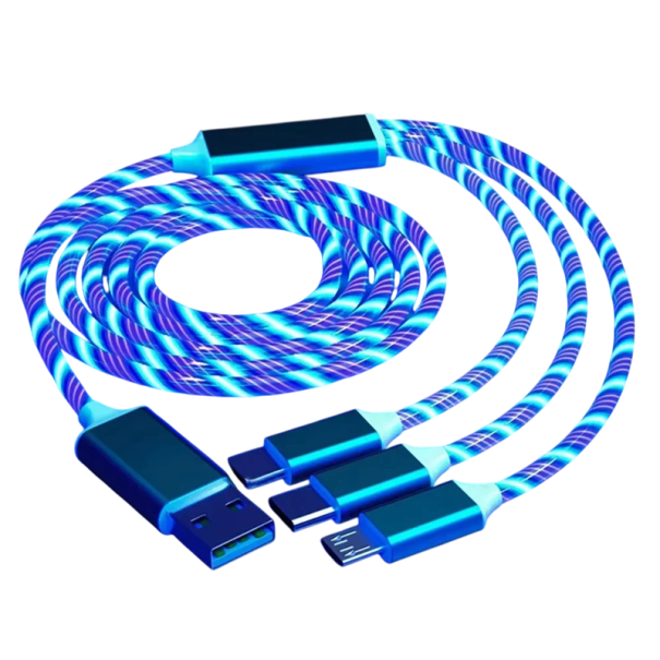 3v1 svietiaci rýchlonabíjací kábel USB C + Micro USB + Lightning iPhone + USB A 1,2 m LED kábel 3A dátový kábel modrá