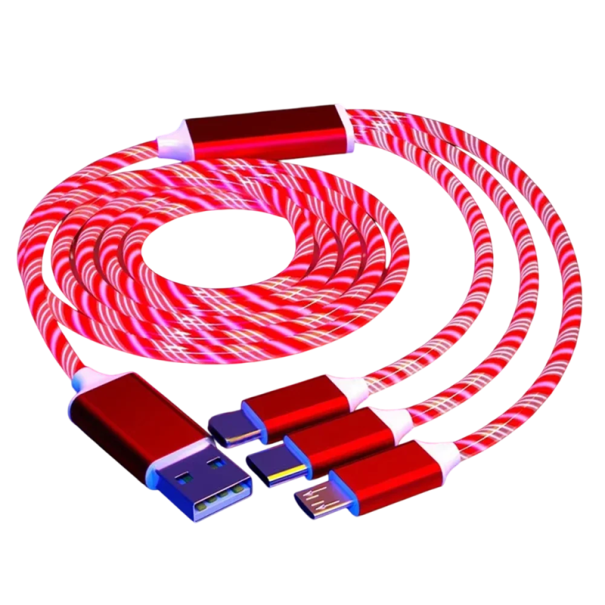 3v1 svítící rychlonabíjecí kabel USB C + Micro USB + Lightning iPhone + USB A 1,2 m LED kabel 3A datový kabel červená