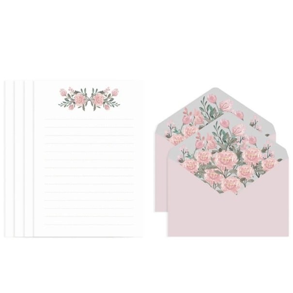 4 darabos levélpapír és boríték készlet 16,1 × 11,4 cm papír 19,5 × 13,5 cm virágmintás levelekhez és üdvözletekhez rózsaszín