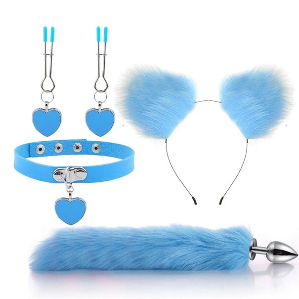 4-in-1 set: hoofdband met oren, hartkraag, tepelklemmen, anale metalen plug met staart, discrete verpakking blauw