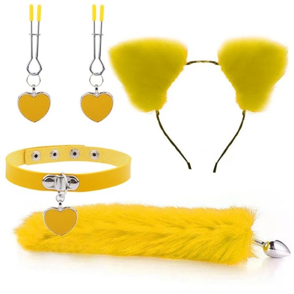 4-in-1 set: hoofdband met oren, hartkraag, tepelklemmen, anale metalen plug met staart, discrete verpakking geel