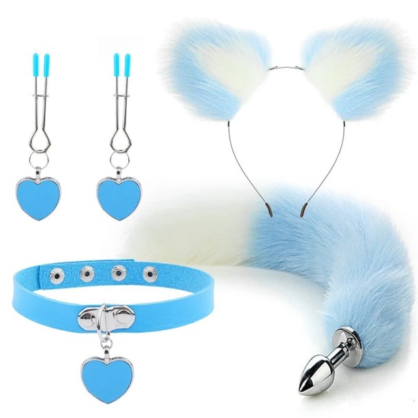 4-in-1-Set, Stirnband mit zweifarbigen Ohren, Herzhalsband, Brustwarzenklemmen, Analplug aus Metall mit zweifarbigem Schwanz, diskrete Verpackung blau