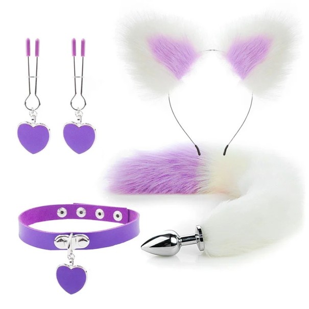 4-in-1-Set, Stirnband mit zweifarbigen Ohren, Herzhalsband, Brustwarzenklemmen, Analplug aus Metall mit zweifarbigem Schwanz, diskrete Verpackung lila