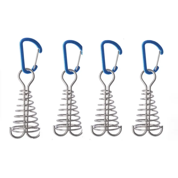 4 Pack Outdoor Spring Clips for Wind Rope Camping Hooks Stainless Steel Aluminium Alloy Tent Fixing Wind Resistant Camping blue
