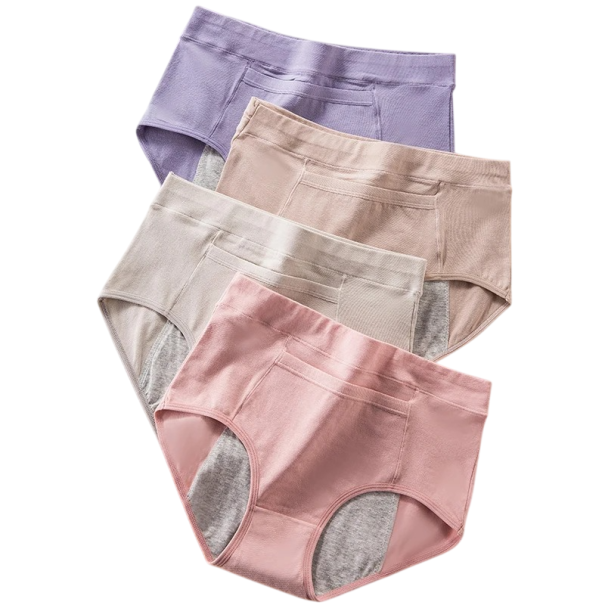 4 pcs Calcinhas menstruais de cintura alta com bolso à frente Algodão elastano spandex Absorventes confortáveis roupa interior Reutilizáveis M