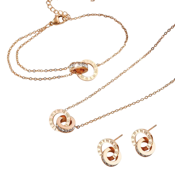 4 pcs Jewellery Set Stainless Steel Necklace Bracelet Earrings Pendant Roman Numerals Simple Daily Women's Set rose gold