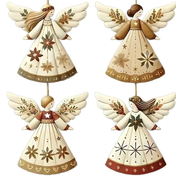 4 pcs Wooden Christmas Ornament in the Shape of an Angel 8 cm Natural 2D Hanging Decoration for the Tree Hand-Carved Wooden Angels 1
