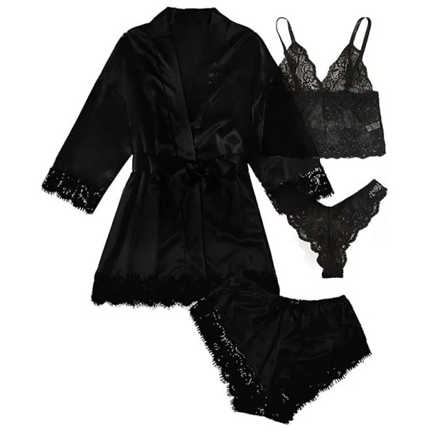 4 pezzi Set da donna in seta Accappatoio da legare Reggiseno in pizzo Pantaloni corti e mutandine Completo notturno elegante e confortevole nero XXL