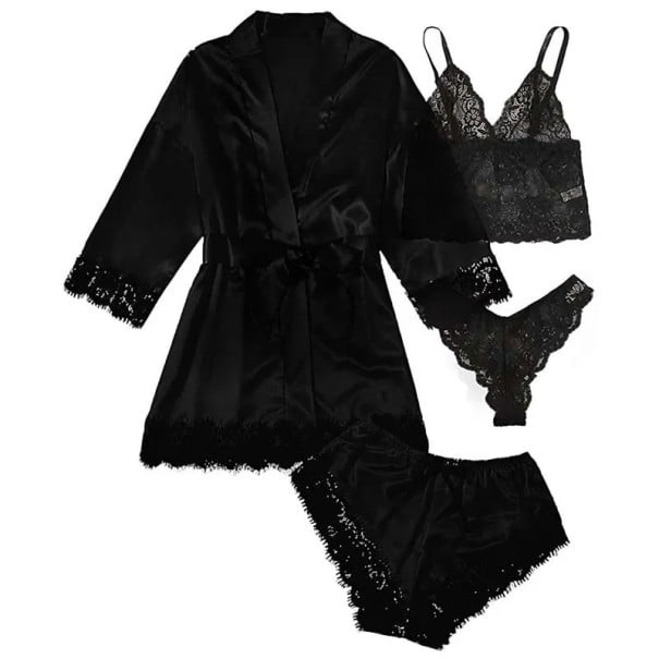 4 piezas Conjunto de Seda para Damas Bata de Atar Sujetador de Encaje Pantalones Cortos de Encaje y Braguitas Conjunto Nocturno Elegante negro M