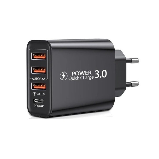 4-ports 60W QC3.0 hurtigopladningsadapter sort
