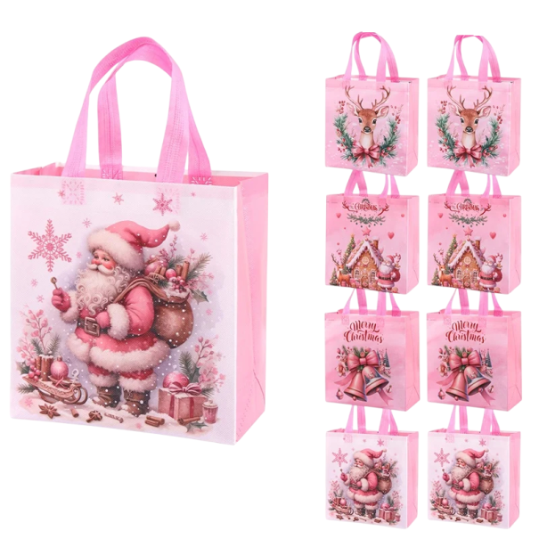 4 sacs-cadeaux de Noël 23 x 22 x 11 cm en tissu non tissé Père Noël Sacs réutilisables avec motifs et décorations de Noël 1
