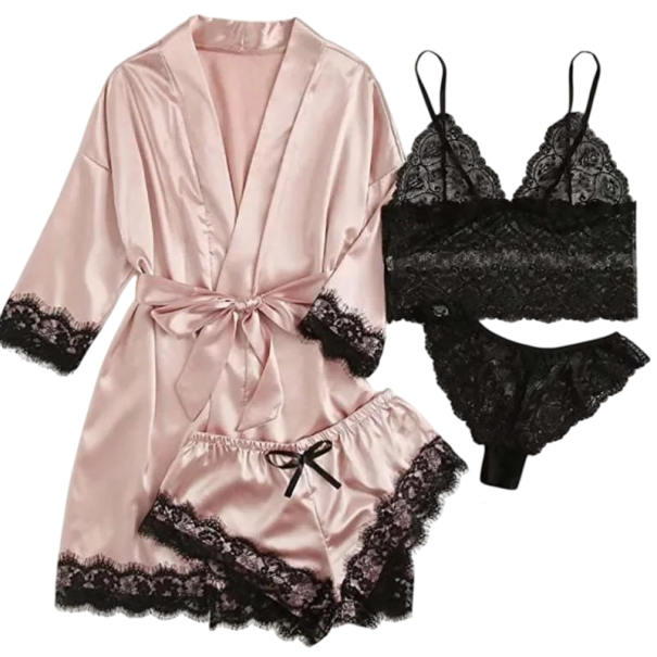 4 stk Silke damesæt Morgenkåbe med bånd Blonde BH Blonde shorts og trusser Elegant komfortabel natkomplet rosa XXL
