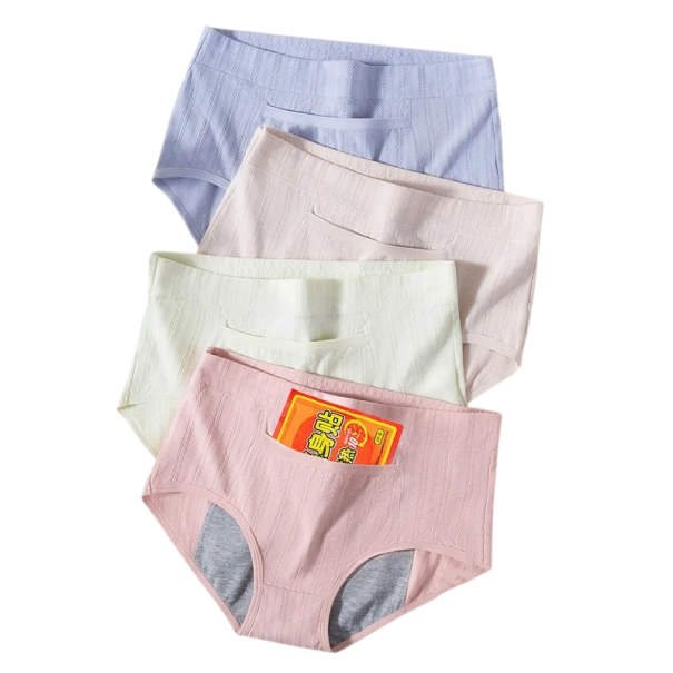 4 Stück Menstruationsunterhosen mit hohem Bund Vordertasche Baumwolle Elastan Spandex Bequeme saugfähige Unterwäsche Wiederverwendbare Unterhosen S
