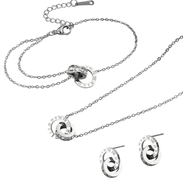 4 Stück Schmuckset Edelstahl Halskette Armband Ohrringe Anhänger Römische Ziffern Einfach Tägliches Damenset silbern