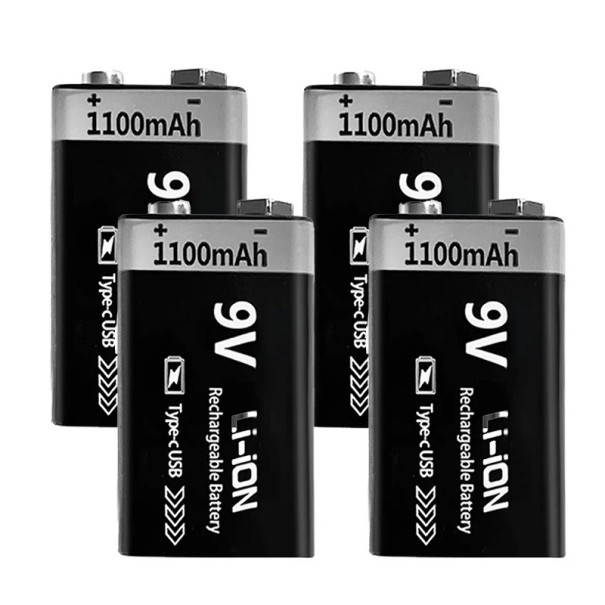 4 unidades de pilhas recarregáveis 9V 1100mAh Li-ion com USB-C 6F22 para brinquedos, modelos RC, multímetros, detectores e eletrónica doméstica 1