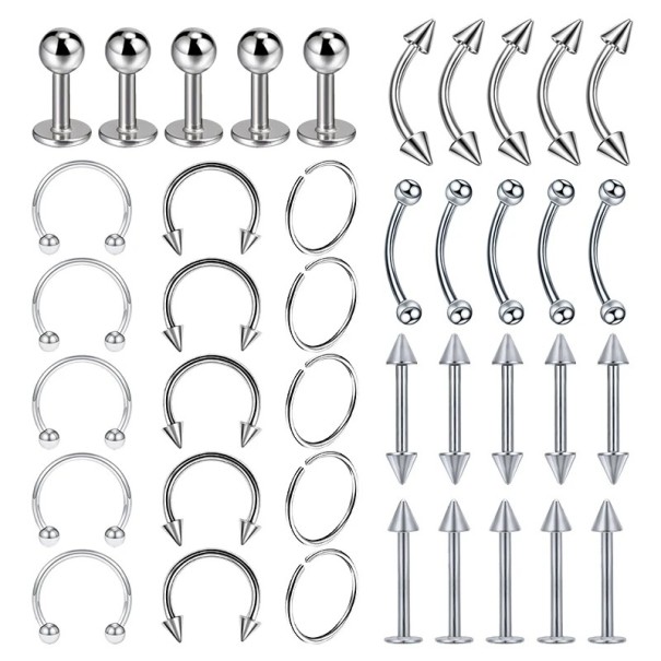 40 bucăți piercing din oțel chirurgical 10 mm Piercinguri universale pentru ureche, nas, buze și corp Fără decorațiuni Set argint