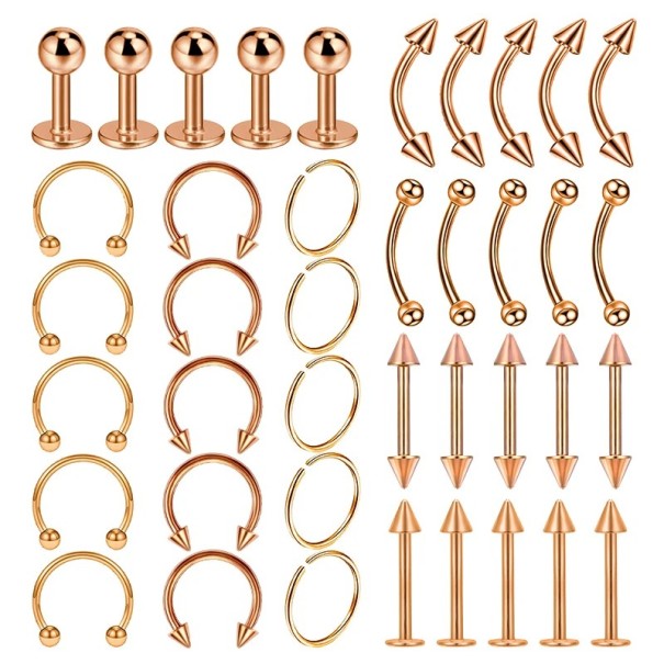 40 pcs de piercing de acero quirúrgico de 10 mm Piercings universales para orejas, nariz, labios y cuerpo Liso sin adornos Set oro rosa
