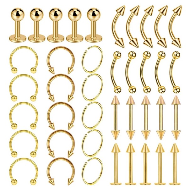 40 pcs piercing de aço cirúrgico 6 mm Piercings universais para orelha, nariz, lábio e corpo Liso sem adornos Set dourado