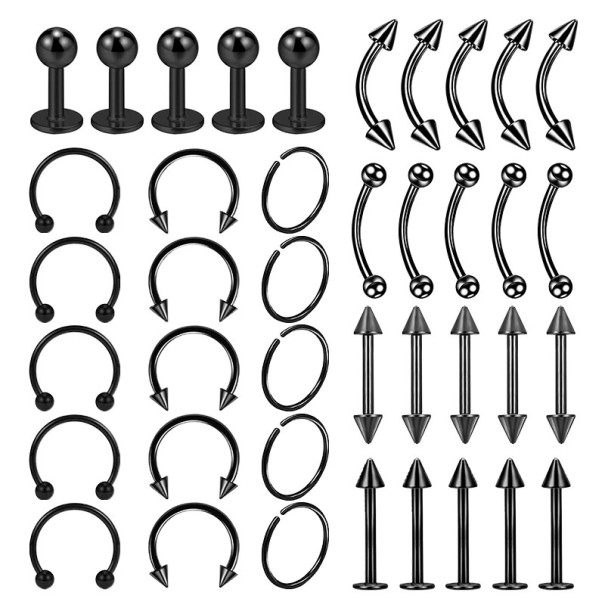 40 pcs piercing de aço cirúrgico 6 mm Piercings universais para orelha, nariz, lábio e corpo Liso sem adornos Set preto
