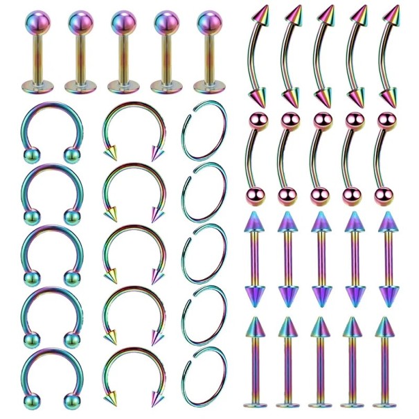 40 stk piercing i kirurgisk stål 10 mm Universelle piercinger til øre, næse, læbe og krop Glatte uden dekorationer Sæt regnbuefarvet
