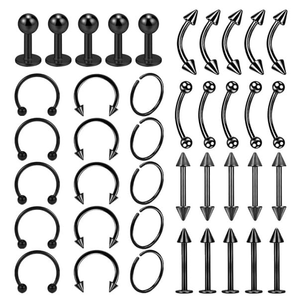 40 stuks piercing van chirurgisch staal 6 mm Universele piercings voor oor, neus, lip en lichaam Glad zonder versieringen Set zwart