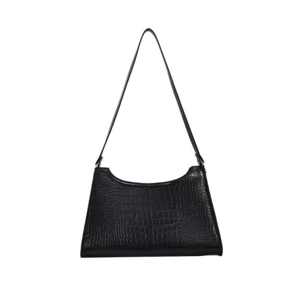Dams handväska över axeln med krokodilskinnsmönster Lichobéngformad design Smal axelrem Material PU-läder och polyester svart