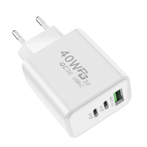 40W hurtigoplader med 3 porte 2x USB C og USB A PD med EU-stik QC 3.0 strømadapter hurtigopladning til telefoner tablets bærbare computere hvid