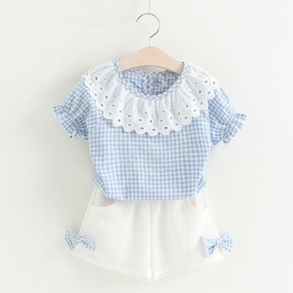 Conjunto niña cuadros con encaje y lazos J1265 azul 4