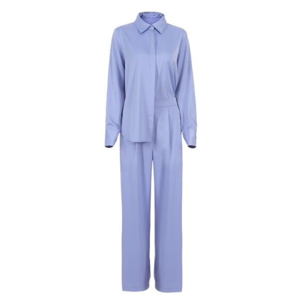 Damskjorta med lång ärm och breda byxor Elegant set med krage och dold knäppning Polyester blå S