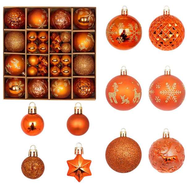 44 piezas de adornos navideños 3–6 cm Bolas y estrellas naranjas para el árbol de Navidad Diferentes formas y tamaños Decoración en cálidos tonos 1