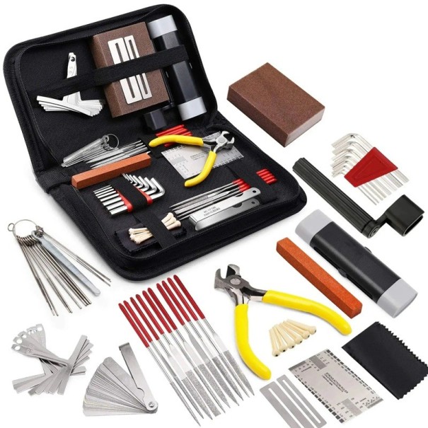 45-teiliges Gitarrenreparatur-Werkzeugset mit Tragetasche Komplettes Service-Werkzeug Stimmgerät, Stiftzieher, Schraubendreher, Lineale, Schraubenschlüssel 1