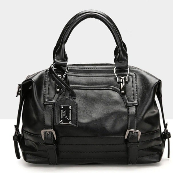 Damhandväska med dekorativa spännen och nyckelring Vintage utseende Dragkedjestängning Två handtag Konstläder och polyester 30 x 24 x 12 cm svart