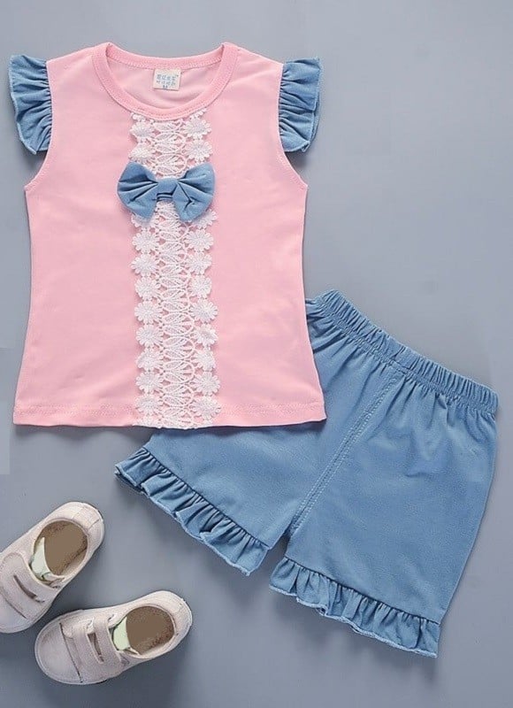 Camiseta y pantalón corto niña L1469 rosa 6-12 meses