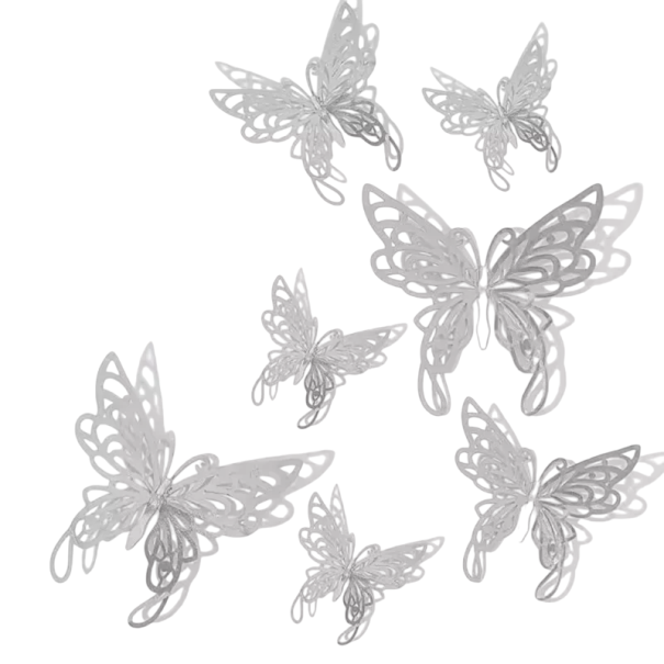 48 Stück 3D-Schmetterlings-Wandaufkleber, Raumdekoration, glänzende Schmetterlinge, verschiedene Größen, Heimdekoration, selbstklebende Aufkleber silbern