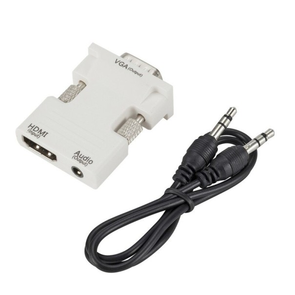 Adaptér HDMI na VGA s 3,5mm audio výstupom a audio káblom na pripojenie HDMI zariadení k VGA monitoru alebo projektoru Rozlíšenie až 1080p biela