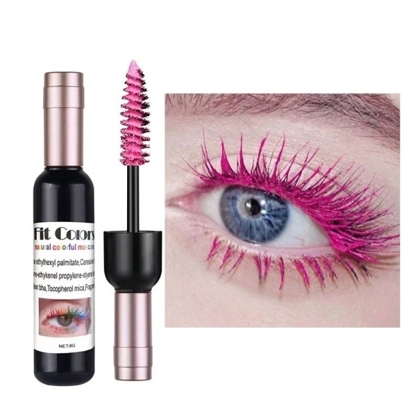 4D-kleurige mascara in de vorm van een wijnfles. Waterproof mascara in felle kleuren. roze
