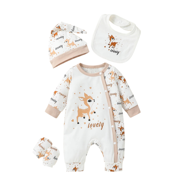 4dielna sada detského overalu so zvieracím potlačou Dlhý rukáv Kulatý výstrih Gombíky Bryndák Čiapka Rukavice Bavlna Polyester Elastan 3-6 mesiacov