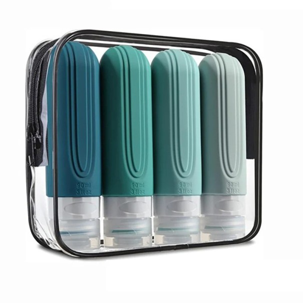 4er Set Reiseflaschen aus Silikon 90 ml in farbenfrohem Design. Wiederverschließbares Etui. Nachfüllbare Behälter für Shampoo und Creme. grün