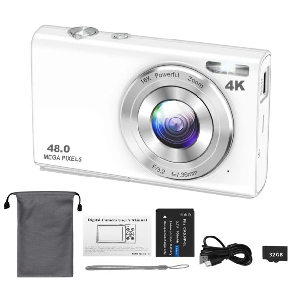 4K digitale camera 48MP met autofocus 2,8" scherm HD-resolutie USB-oplaadfunctie 32GB TF-kaart Compacte camera voor het maken van foto's wit