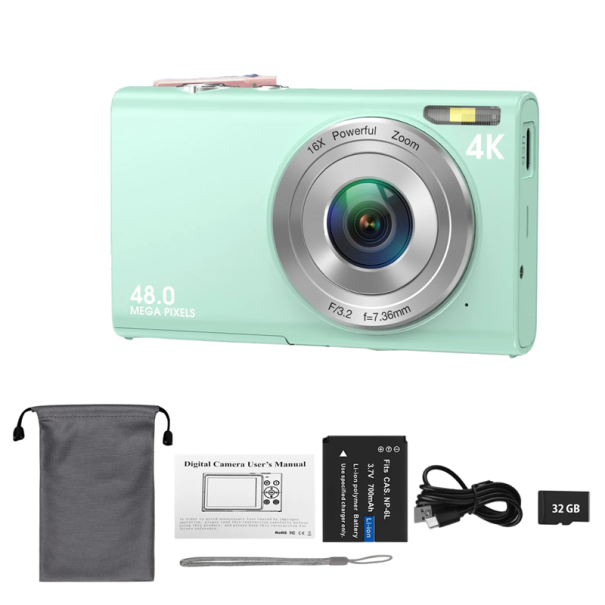 4K digitální fotoaparát 48MP s automatickým ostřením 2,8" displej HD rozlišení USB nabíjení 32GB TF karta Kompaktní kamera pro focení i video zelená