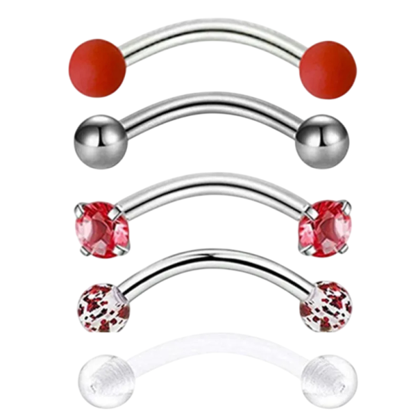5 ks Křišťálové piercingy do obočí 1,2 × 8 × 3 mm Nerezová ocel s diamantem Obloukové šperky červená