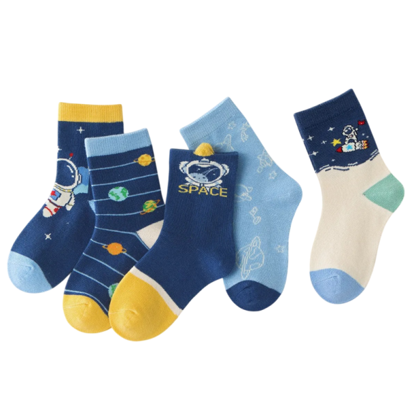 5 par Barnstrumpor Bomull polyester elastan Blå strumpor med astronauttryck Bekväma mjuka barnstrumpor för vardagligt bruk 5-8 år