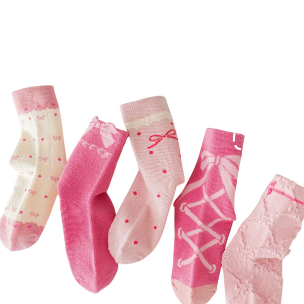 5 par Flickbarnsstrumpor Bomull polyester elastan Rosa strumpor med rosetter Bekväma mjuka barnstrumpor för vardagsbruk 5-8 år