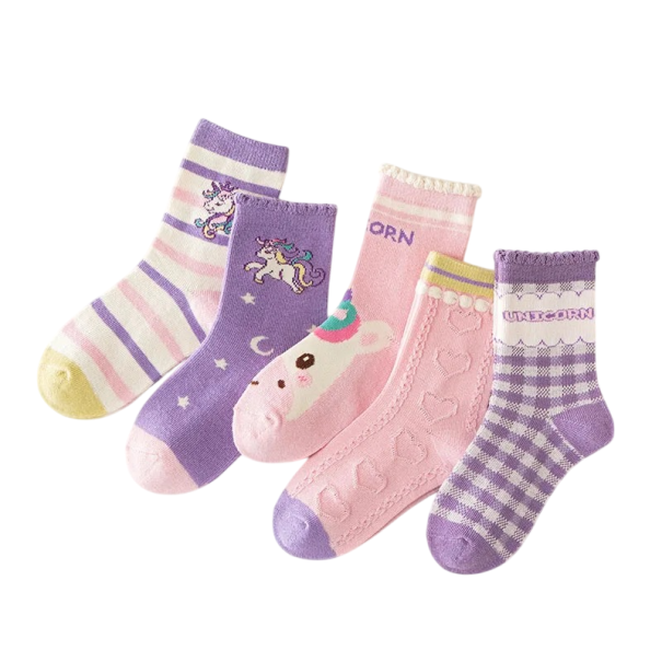 5 pares de calcetines infantiles para niñas de algodón, poliéster y elastano Calcetines morados con rayas y dibujos de unicornios Calcetines 3-5 años