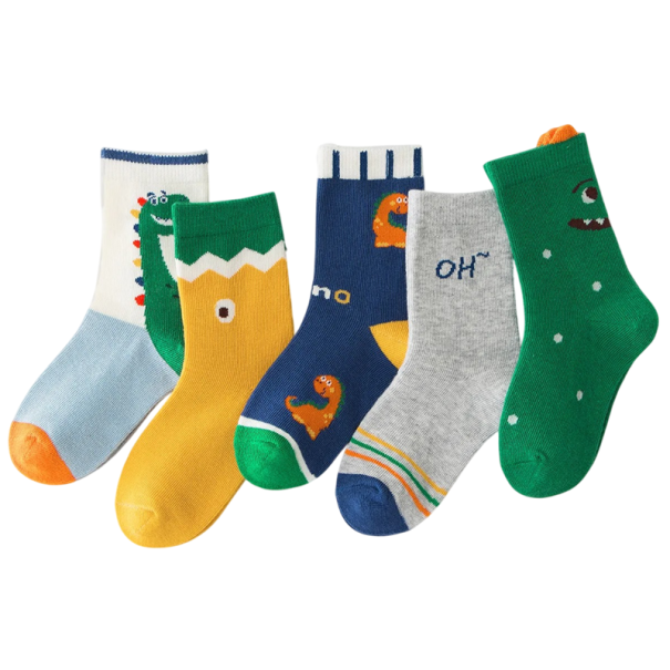 5 párov Detské ponožky Bavlna polyester elastan Farebné ponožky s potlačou dinosaurov Pohodlné mäkké detské ponožky na každodenné nosenie 1-3 roky