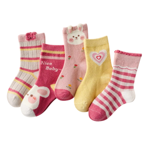 5 párů Dívčí dětské ponožky Bavlna polyester elastan Růžové ponožky s pruhy a kreslenými králíčky Pohodlné dětské ponožky 5-8 let