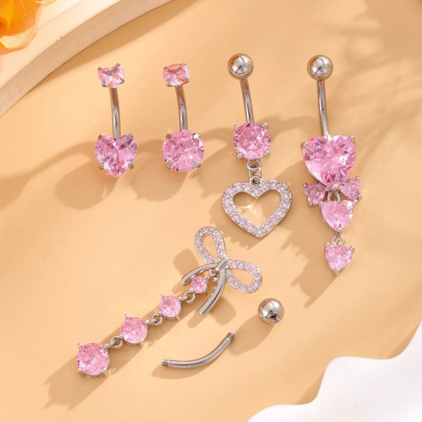 5 pcs piercing de aço inoxidável Conjunto prateado com detalhes rosa Diamantes Corações e laços Joias elegantes e delicadas 1