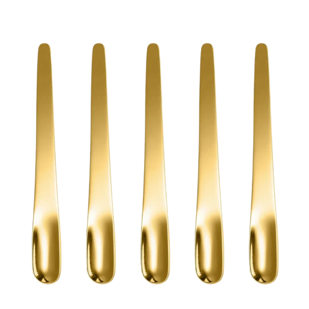 5 stk. rustfrie te-skeer 12,3 x 1,6 cm Skinnende holdbare skeer i rustfrit stål Elegantisk bestik til hjemmet Køkkenudstyr guld