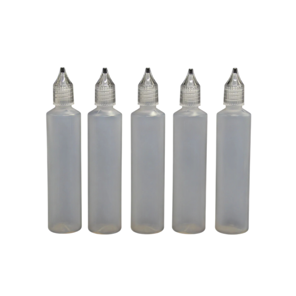 5 unidades de botellas de plástico con gotero 50 ml plástico transparente cuello estrecho para aceites e-liquids y dosificación precisa de líquidos 1